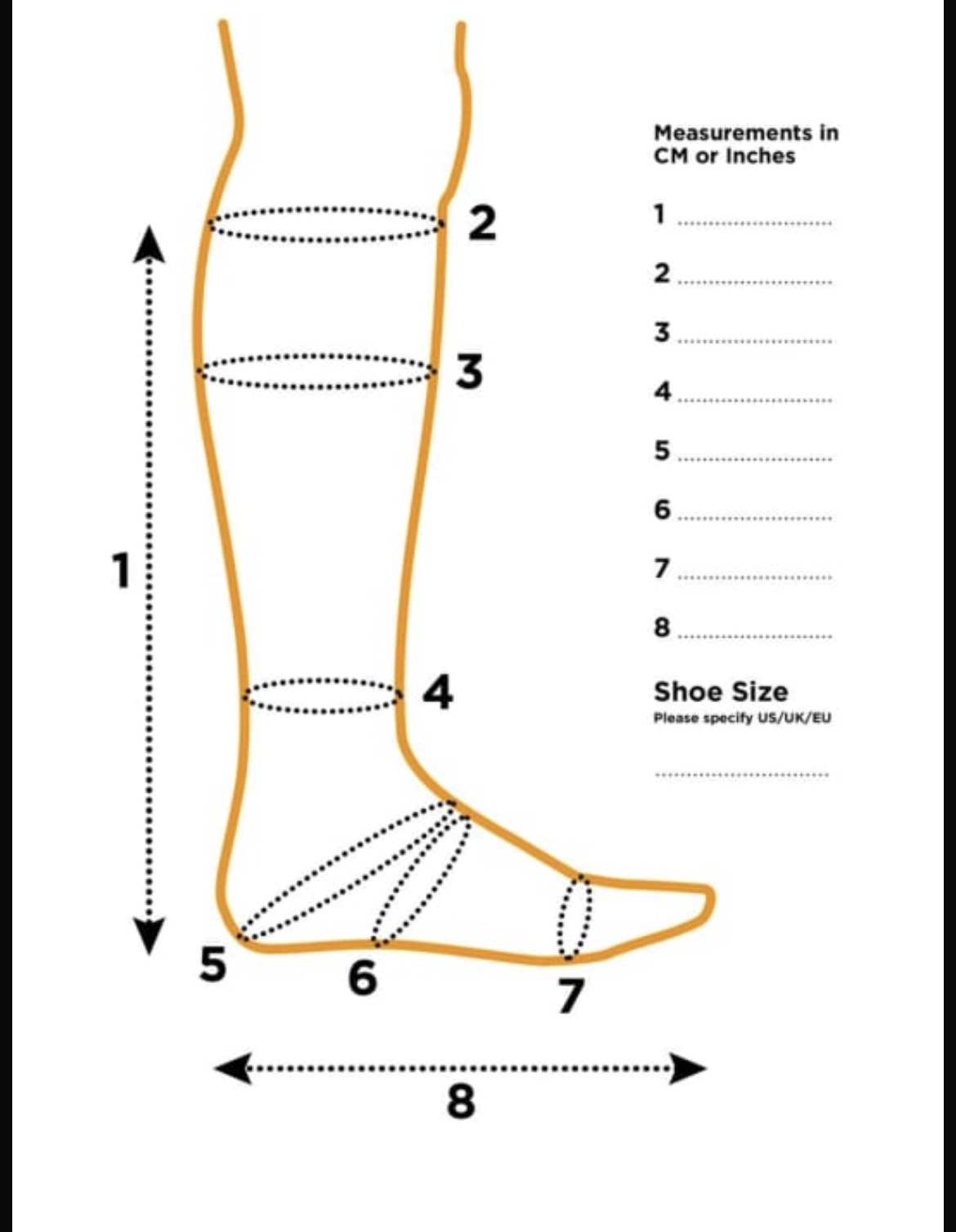 Diagram of the eight leg and foot measurements